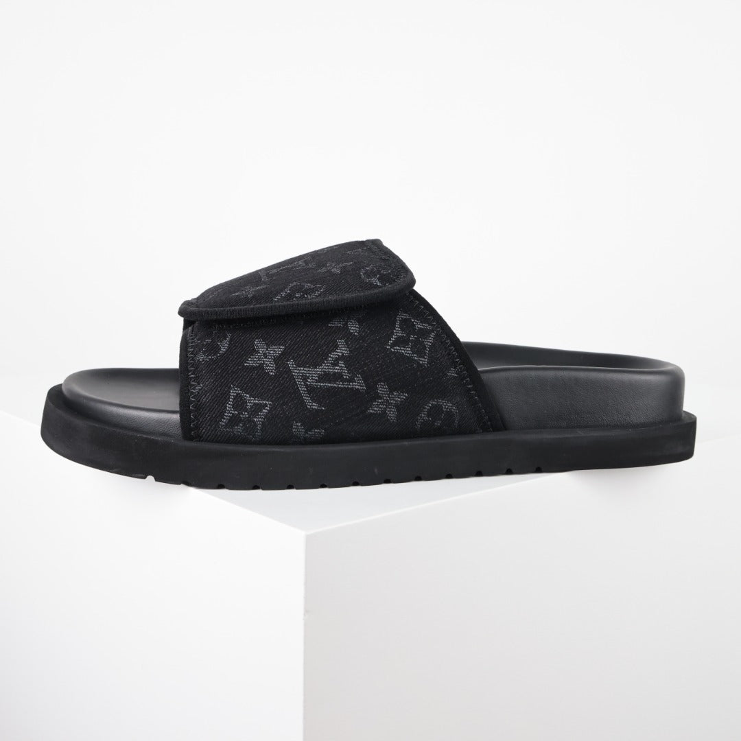 L***V All-Black Giant Monogram Floral Tonal Embroidery Slip-On Wide Strap Miami Slide Sandals — Spring Summer Boutique Limited Edition