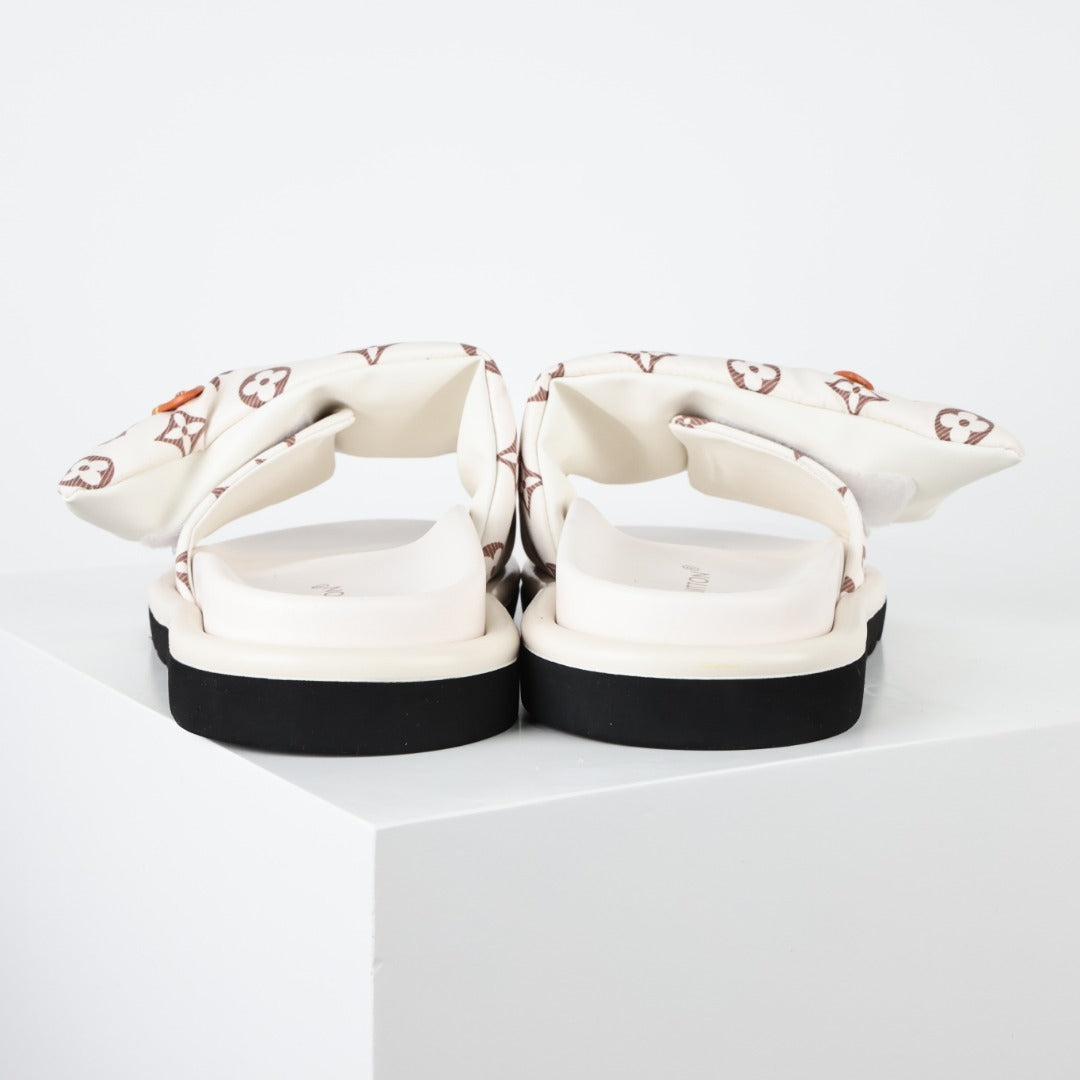 L***V Monogram Canvas Velcro Strap Slide Sandals — SS24 Cream Wide Band Slip-On Pool Beach Slippers (4 Colors)