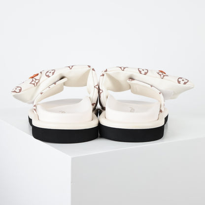 L***V Monogram Canvas Velcro Strap Slide Sandals — SS24 Cream Wide Band Slip-On Pool Beach Slippers (4 Colors)