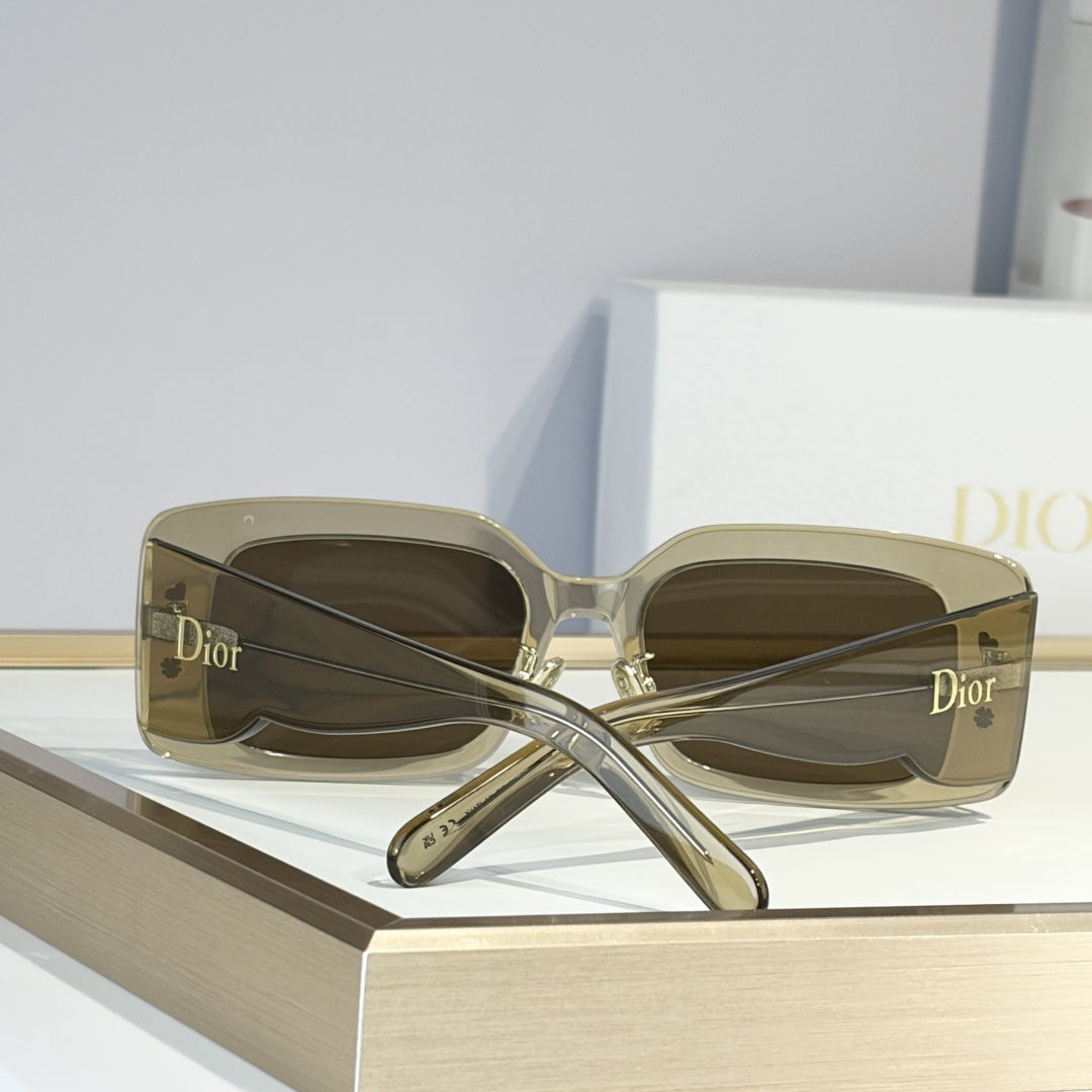 D**R Slim Rectangular Sunglasses | Transparent Khaki Frame, Brown Lenses & Gold Logo Temple