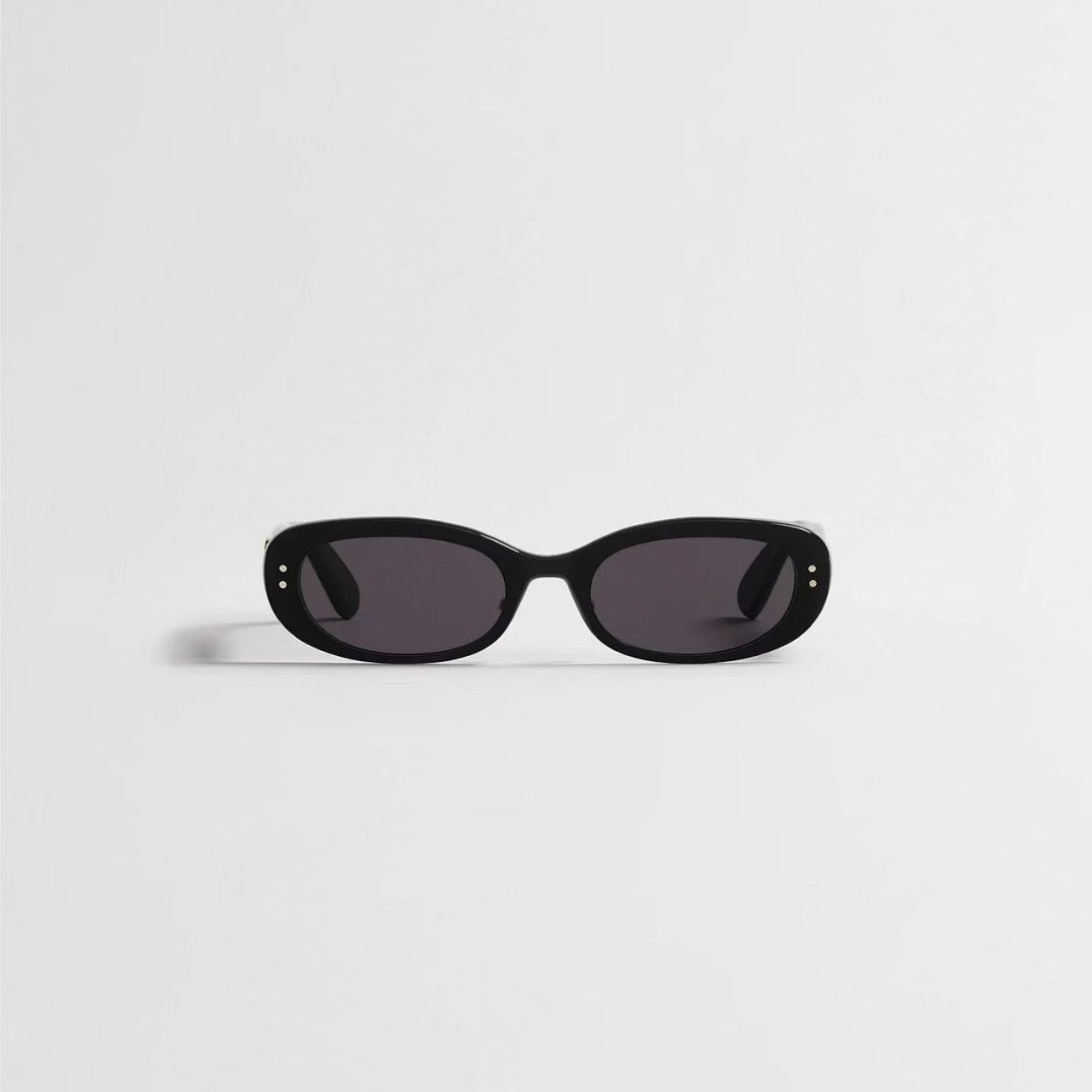 D**R Slim Narrow Oval Sunglasses with Glossy Black Acetate Frame, Dark Grey Lenses & Gold CD Hinge Hardware