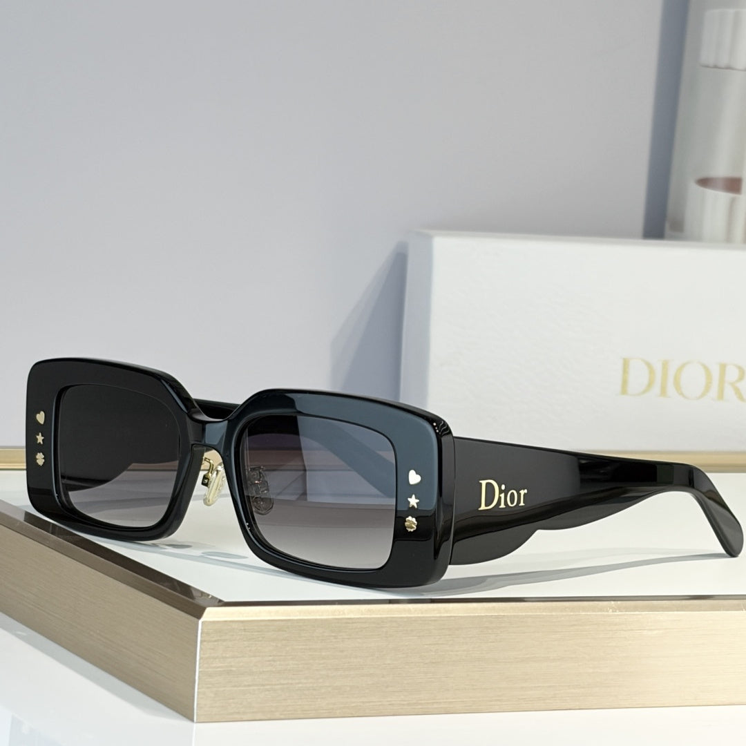 D**R Slim Rectangular Sunglasses | Black Acetate Frame, Grey Gradient Lenses & Gold Logo Temple