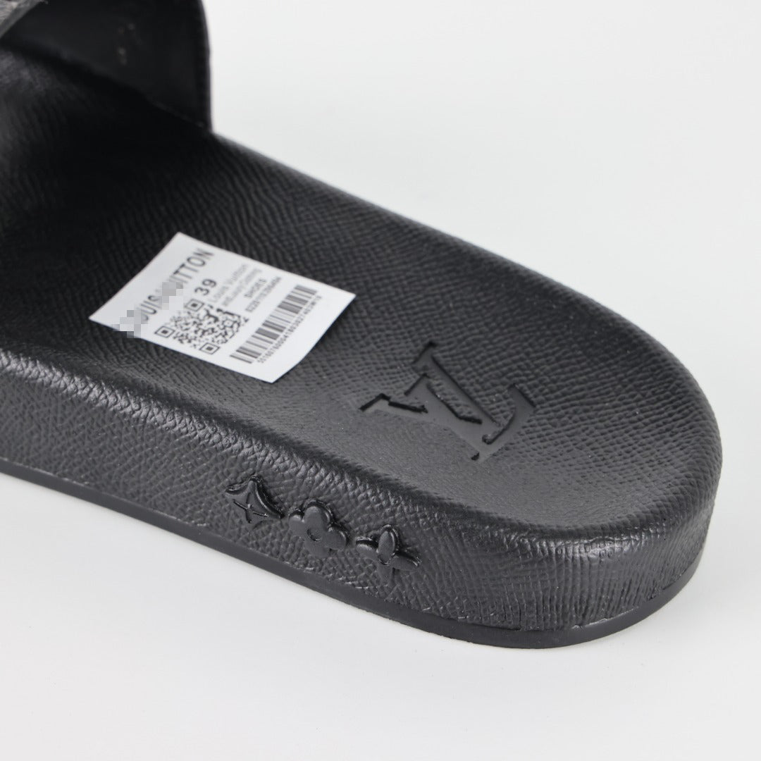 L***V All-Black Rubber Tonal Oversized Monogram Embossed Waterfront Wide Strap Slide Sandals — Spring Summer Boutique Limited Edition