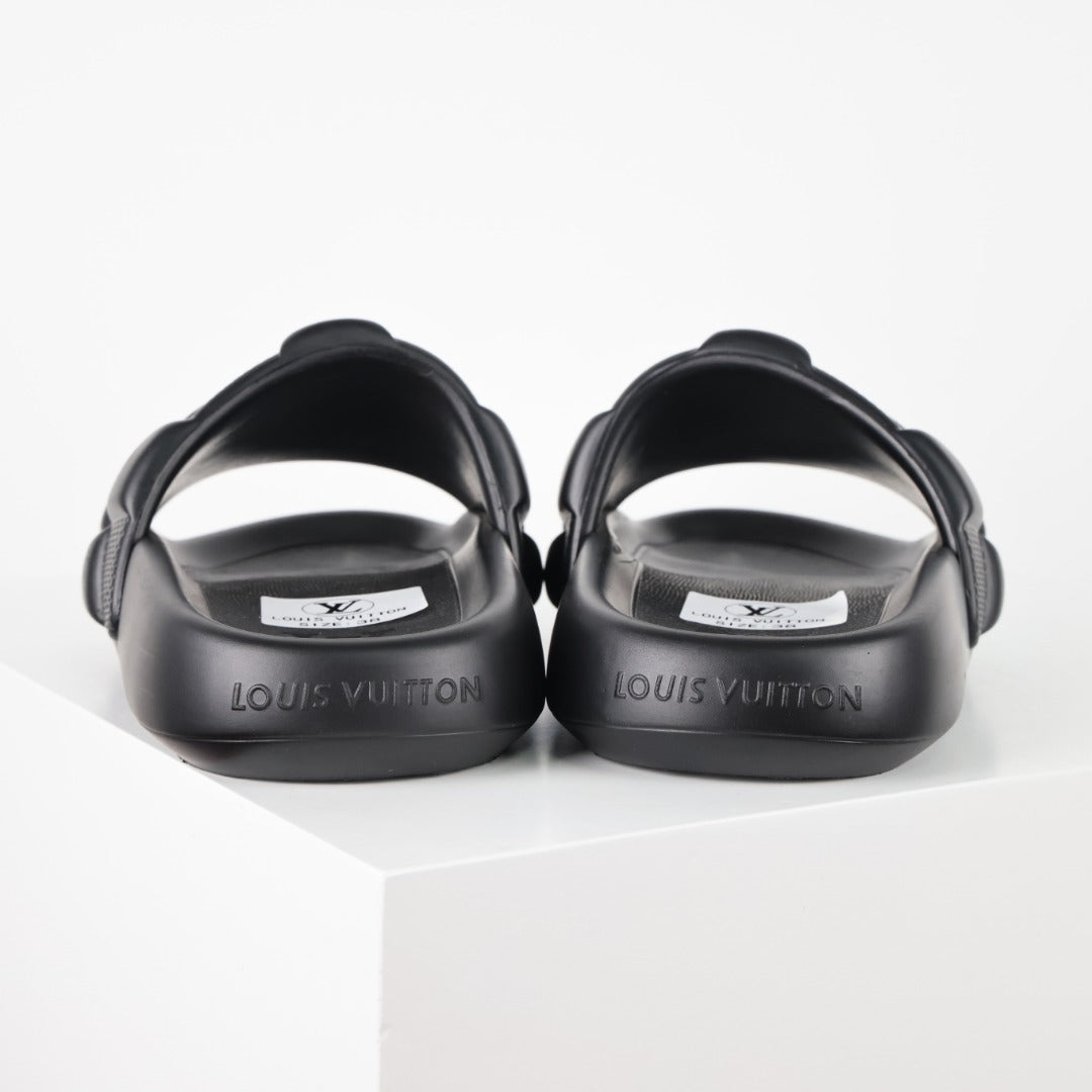L***V Double Strap Slide Sandals — Embossed Waterproof Rubber Pool Beach Slippers (4 Colors)