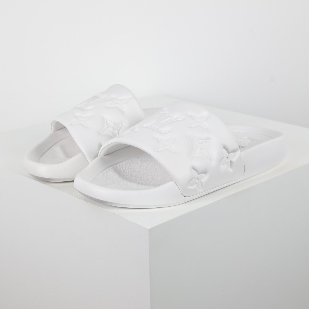 L***V White Tonal Monogram Embossed EVA Waterfront Wide Strap Slide Sandals — Spring Summer Boutique Limited Edition