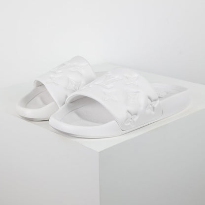 L***V White Tonal Monogram Embossed EVA Waterfront Wide Strap Slide Sandals — Spring Summer Boutique Limited Edition