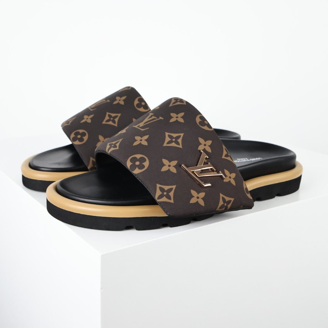 L***V Monogram Canvas LV Logo Slide Sandals — SS24 Gold Hardware Wide Band Slip-On Pool Beach Slippers (4 Colors)