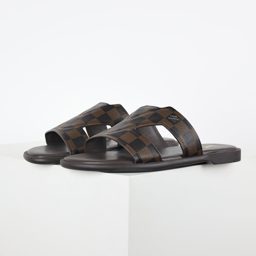 L***V Dark Brown Damier Ebene Embossed Leather H-Strap Multi-Band Oasis Flat Slide Sandals — Spring Summer Boutique Limited Edition