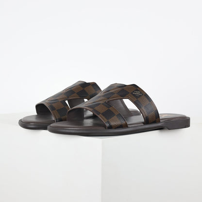 L***V Dark Brown Damier Ebene Embossed Leather H-Strap Multi-Band Oasis Flat Slide Sandals — Spring Summer Boutique Limited Edition