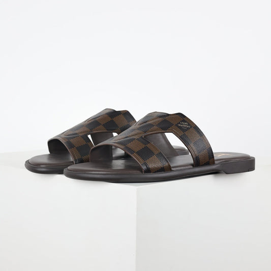 L***V Dark Brown Damier Ebene Embossed Leather H-Strap Multi-Band Oasis Flat Slide Sandals — Spring Summer Boutique Limited Edition