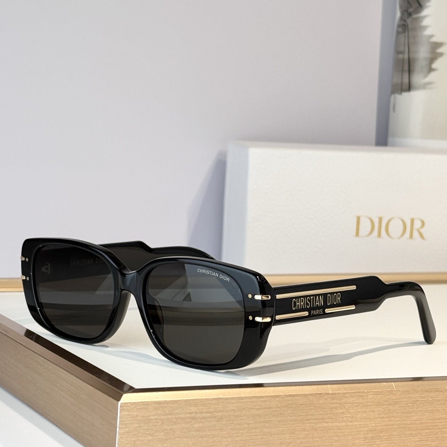 D**R Thick Rectangular Sunglasses with Tortoiseshell Acetate Frame, Brown Gradient Lenses & Gold Logo Temple Hardware