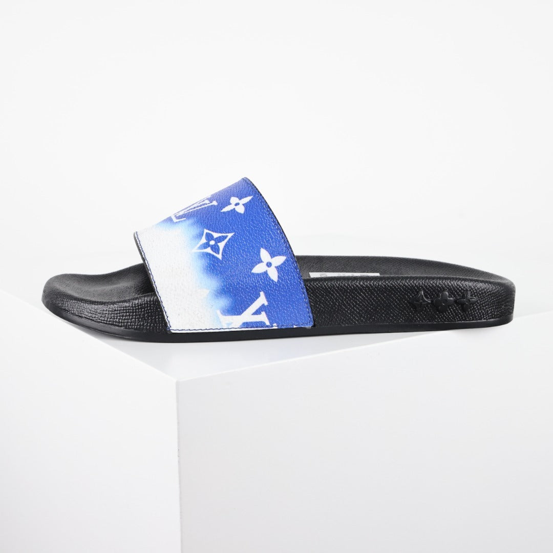 L***V White Cobalt Blue Ombre Tie-Dye Oversized Monogram Waterfront Wide Strap Slide Sandals — Spring Summer Boutique Limited Edition