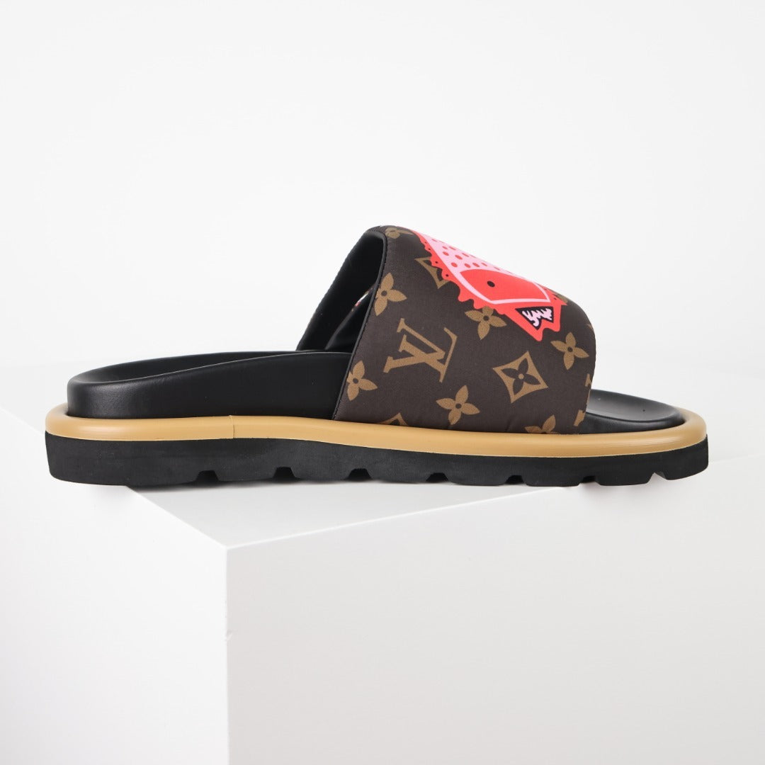 L***V Monogram Graffiti Slide Sandals — Limited Edition Print Single Strap Pool Slippers (4 Colors)