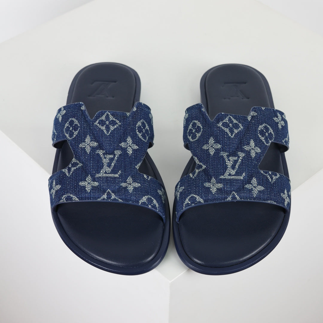L***V Navy Blue Monogram Denim Jacquard H-Strap Multi-Band Oasis Flat Slide Sandals — Spring Summer Boutique Limited Edition