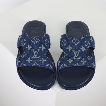 L***V Navy Blue Monogram Denim Jacquard H-Strap Multi-Band Oasis Flat Slide Sandals — Spring Summer Boutique Limited Edition