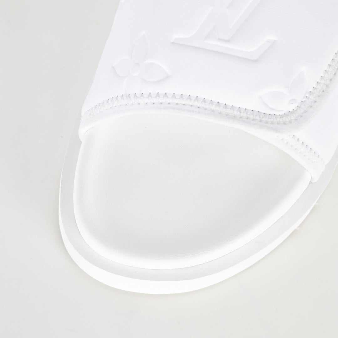 L***V Ivory White Inflated Pillow Leather Twisted Bow Ruched Strap Miami Slide Sandals — Spring Summer Boutique Limited Edition
