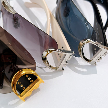 D**R Rimless Wraparound Shield Sunglasses with Grey Purple Gradient Lens, Black Temples & Oversized Gold CD Logo Hardware