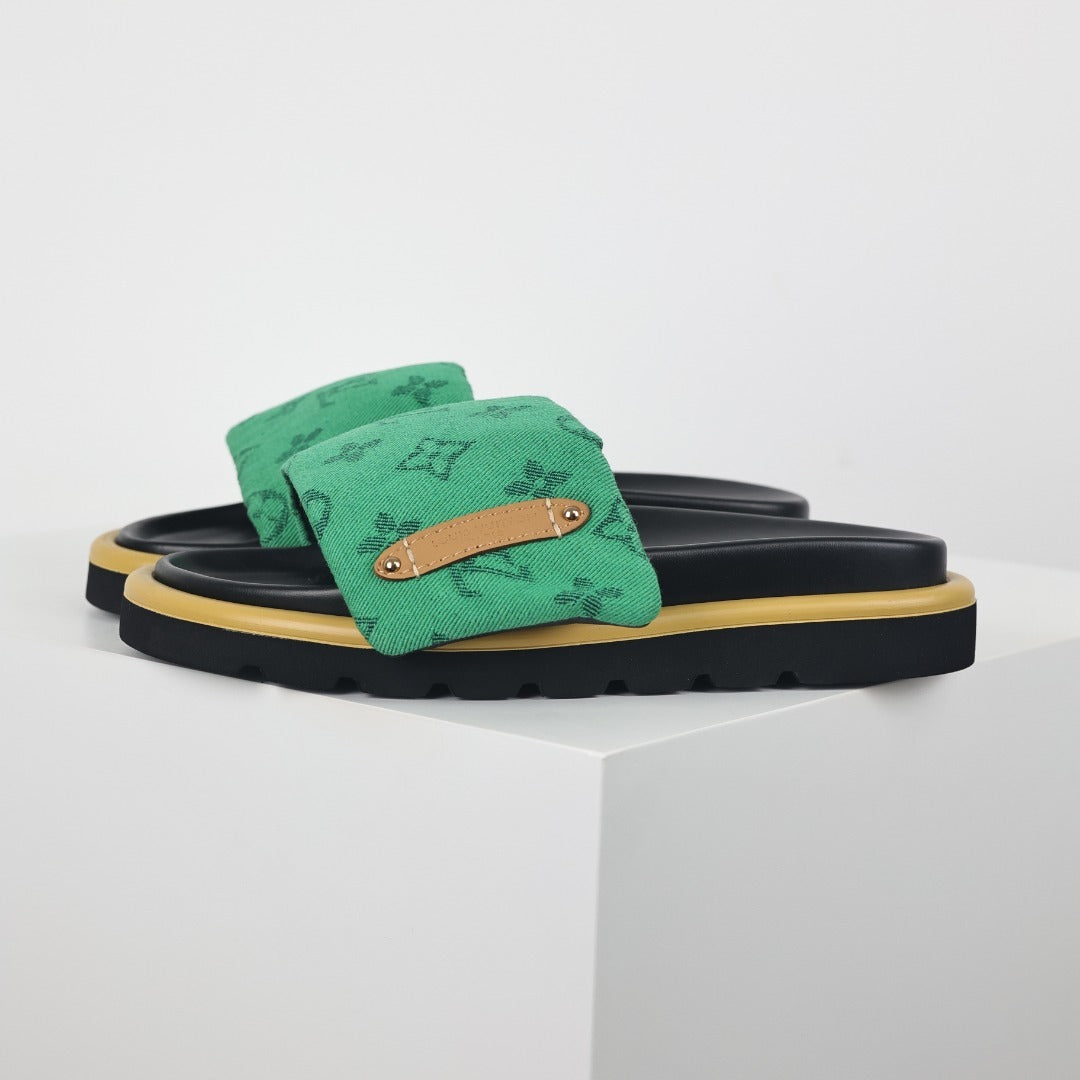 L***V Emerald Green Monogram Canvas Gold Bar Platform Slide Sandals — 2024 Spring Summer Boutique Limited Edition