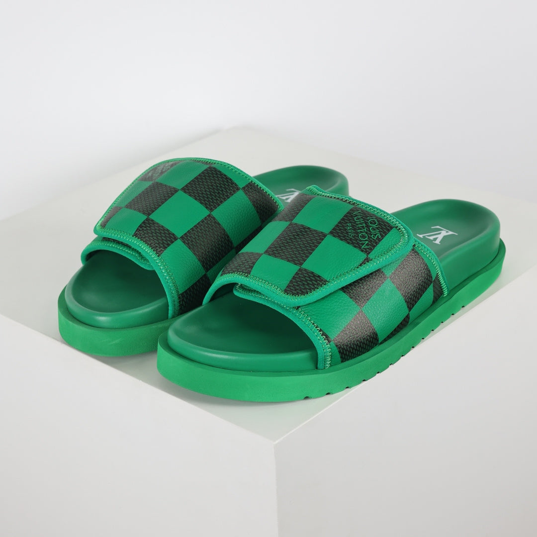 L***V Grass Green Black Damier Checkerboard Inflated Pillow Leather Velcro Double Strap Miami Slide Sandals — Spring Summer Boutique Limited Edition