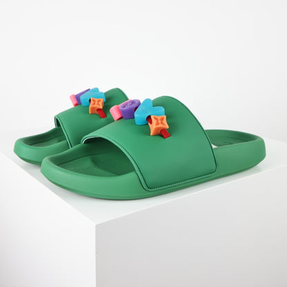 L***V Rubber Pool Slide Sandals — SS23 Limited Edition 3D Logo Charm Slip-On Beach Slippers (Emerald Green)