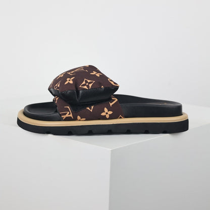 L***V Brown Monogram Canvas Puffy Quilted Wide Strap Platform Slide Sandals — 2024 Spring Summer Boutique Limited Edition