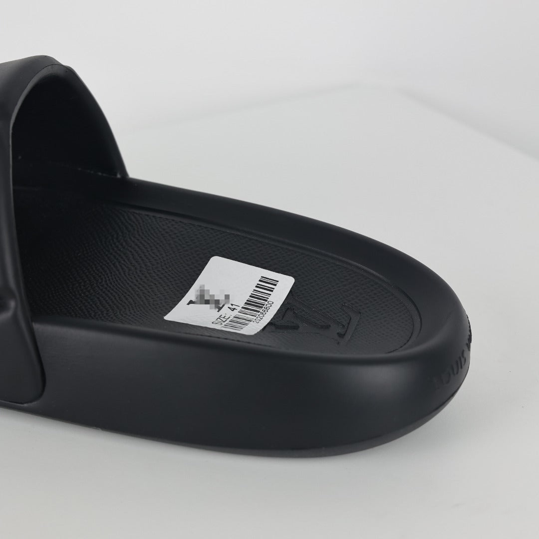 L***V All-Black Tonal Monogram Embossed EVA Waterfront Wide Strap Slide Sandals — Spring Summer Boutique Limited Edition