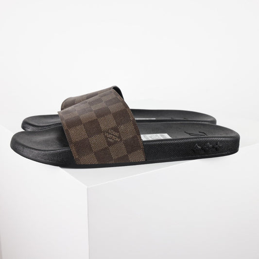 L***V Damier Ebene Waterfront Wide Strap Slide Sandals — Spring Summer Boutique Limited Edition