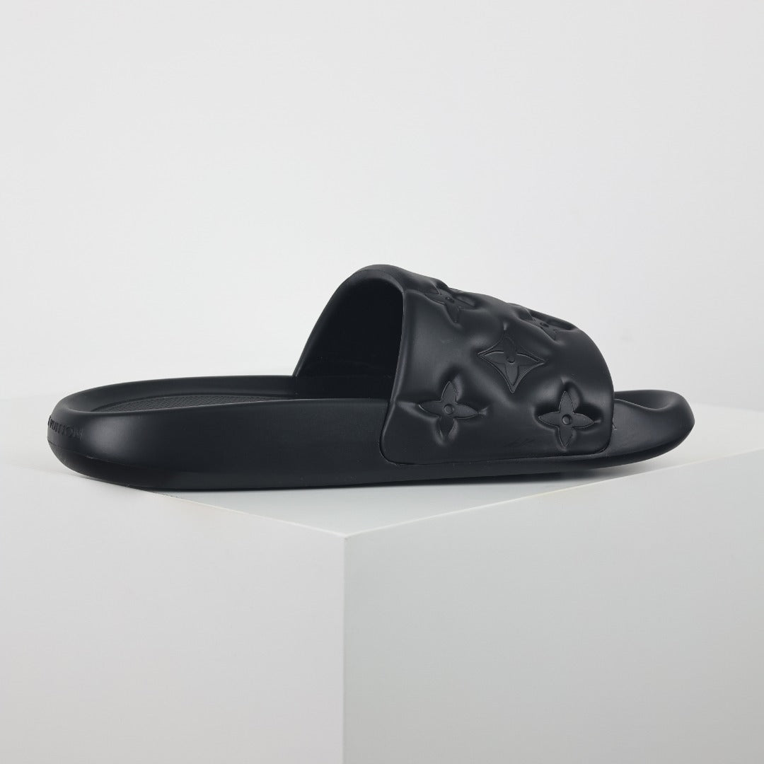 L***V All-Black Tonal Monogram Embossed EVA Waterfront Wide Strap Slide Sandals — Spring Summer Boutique Limited Edition
