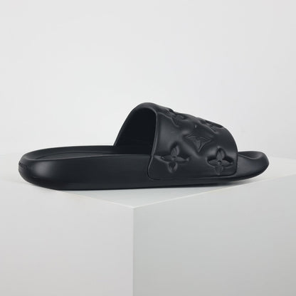 L***V All-Black Tonal Monogram Embossed EVA Waterfront Wide Strap Slide Sandals — Spring Summer Boutique Limited Edition