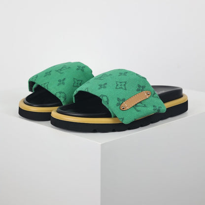 L***V Emerald Green Monogram Canvas Gold Bar Platform Slide Sandals — 2024 Spring Summer Boutique Limited Edition