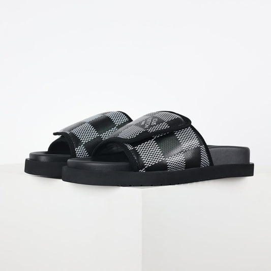 L***V Damier Graphite Black White Grey Woven Jacquard Pillow Slip-On Wide Strap Miami Slide Sandals — Spring Summer Boutique Limited Edition