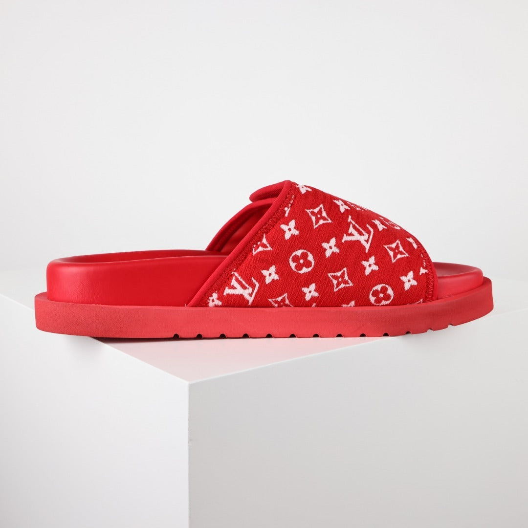 L***V Black White Monogram Woven Jacquard Slip-On Wide Strap Miami Slide Sandals — Spring Summer Boutique Limited Edition