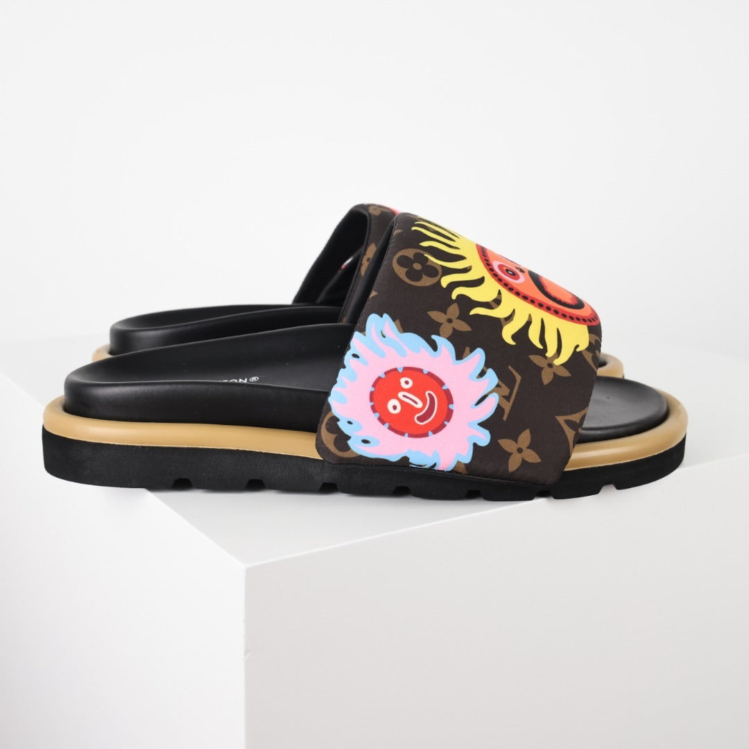 L***V Monogram Graffiti Slide Sandals — Limited Edition Print Single Strap Pool Slippers (4 Colors)