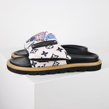 L***V White Multicolor Graffiti Monogram Velcro Adjustable Strap Slide Sandals — Spring Summer Boutique Limited Edition
