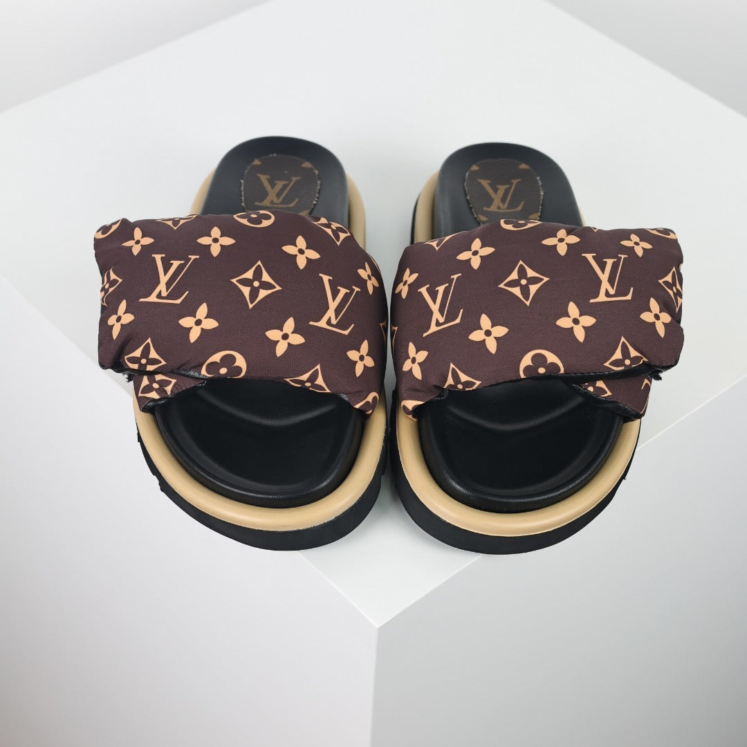 L***V Brown Monogram Canvas Puffy Quilted Wide Strap Platform Slide Sandals — 2024 Spring Summer Boutique Limited Edition