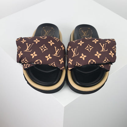 L***V Brown Monogram Canvas Puffy Quilted Wide Strap Platform Slide Sandals — 2024 Spring Summer Boutique Limited Edition