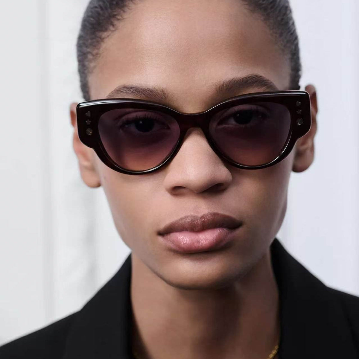 D**R Bold Cat-Eye Sunglasses with Tortoiseshell Acetate Frame, Pink Gradient Lenses & Gold Star Stud Embellishments