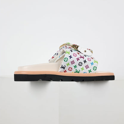 L***V White Multicolor Monogram Gold Zipper Bow Wide Strap Pool Pillow Slide Sandals — Spring Summer Boutique Limited Edition