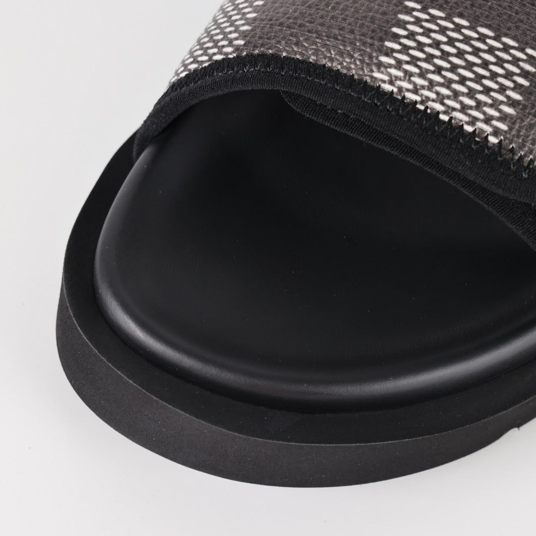 L***V Damier Graphite Black White Grey Woven Jacquard Velcro Adjustable Wide Strap Miami Slide Sandals — Spring Summer Boutique Limited Edition
