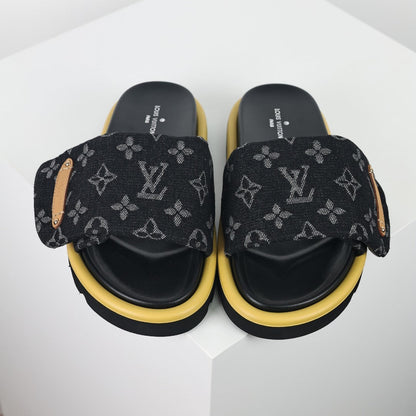 L***V Black Monogram Canvas Gold Safety Pin Platform Slide Sandals — 2024 Spring Summer Boutique Limited Edition
