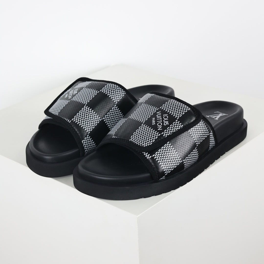 L***V Damier Graphite Black White Grey Woven Jacquard Pillow Slip-On Wide Strap Miami Slide Sandals — Spring Summer Boutique Limited Edition
