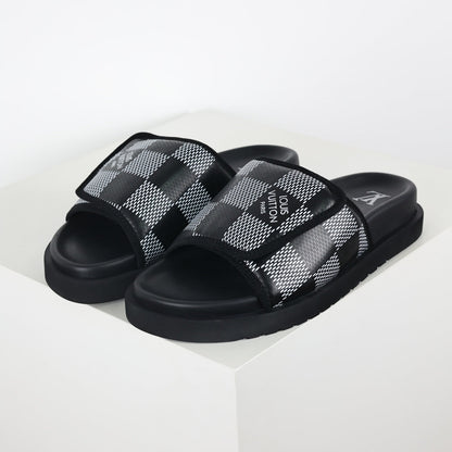 L***V Damier Graphite Black White Grey Woven Jacquard Pillow Slip-On Wide Strap Miami Slide Sandals — Spring Summer Boutique Limited Edition