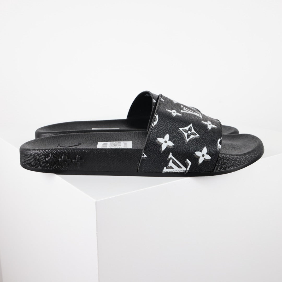L***V Black White All-Over Oversized Monogram Waterfront Wide Strap Slide Sandals — Spring Summer Boutique Limited Edition