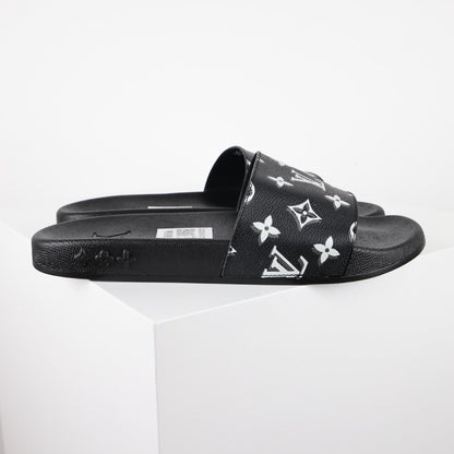 L***V Black White All-Over Oversized Monogram Waterfront Wide Strap Slide Sandals — Spring Summer Boutique Limited Edition