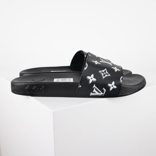 L***V Black White All-Over Oversized Monogram Waterfront Wide Strap Slide Sandals — Spring Summer Boutique Limited Edition