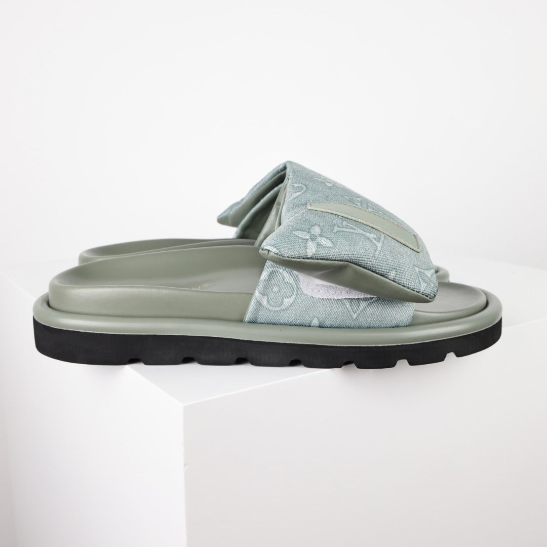 L***V Ice Blue Metallic Embossed Monogram Leather Wide Strap Platform Slide Sandals — Spring Summer Boutique Limited Edition