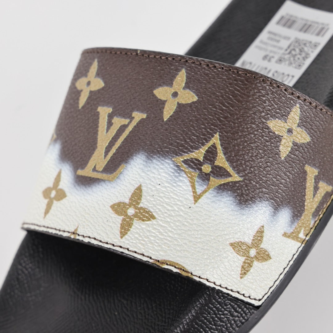 L***V Dark Brown Cream White All-Over Oversized Monogram Waterfront Wide Strap Slide Sandals — Spring Summer Boutique Limited Edition
