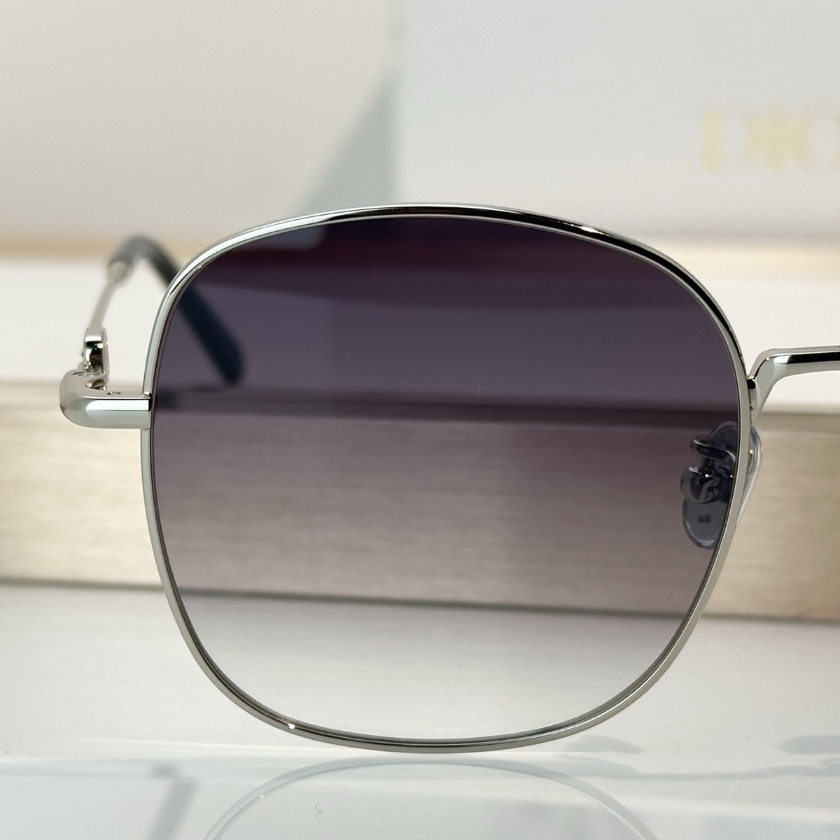 D**R Oversized Square Metal Wire Frame Sunglasses with Polished Silver Frame, Grey Lavender Gradient Lenses & CD Monogram Detail