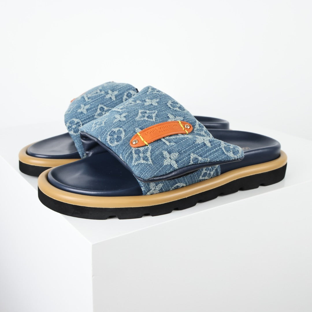 L***V Denim Monogram Double Strap Velcro Slide Sandals — SS24 Wide Band Slip-On Pool Beach Slippers (4 Colors)