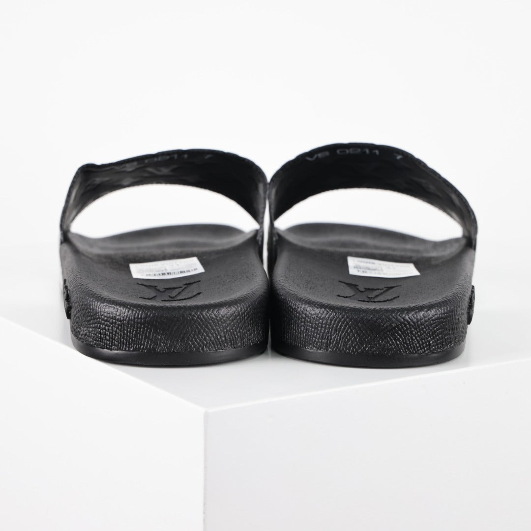 L***V Silver Mirror Metallic Embossed Monogram Waterfront Wide Strap Slide Sandals — Spring Summer Boutique Limited Edition